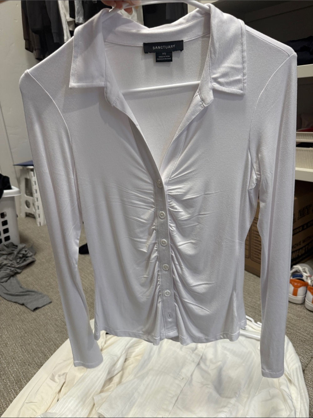 Sanctuary White Ruched Button-Front Long Sleeve Shirt